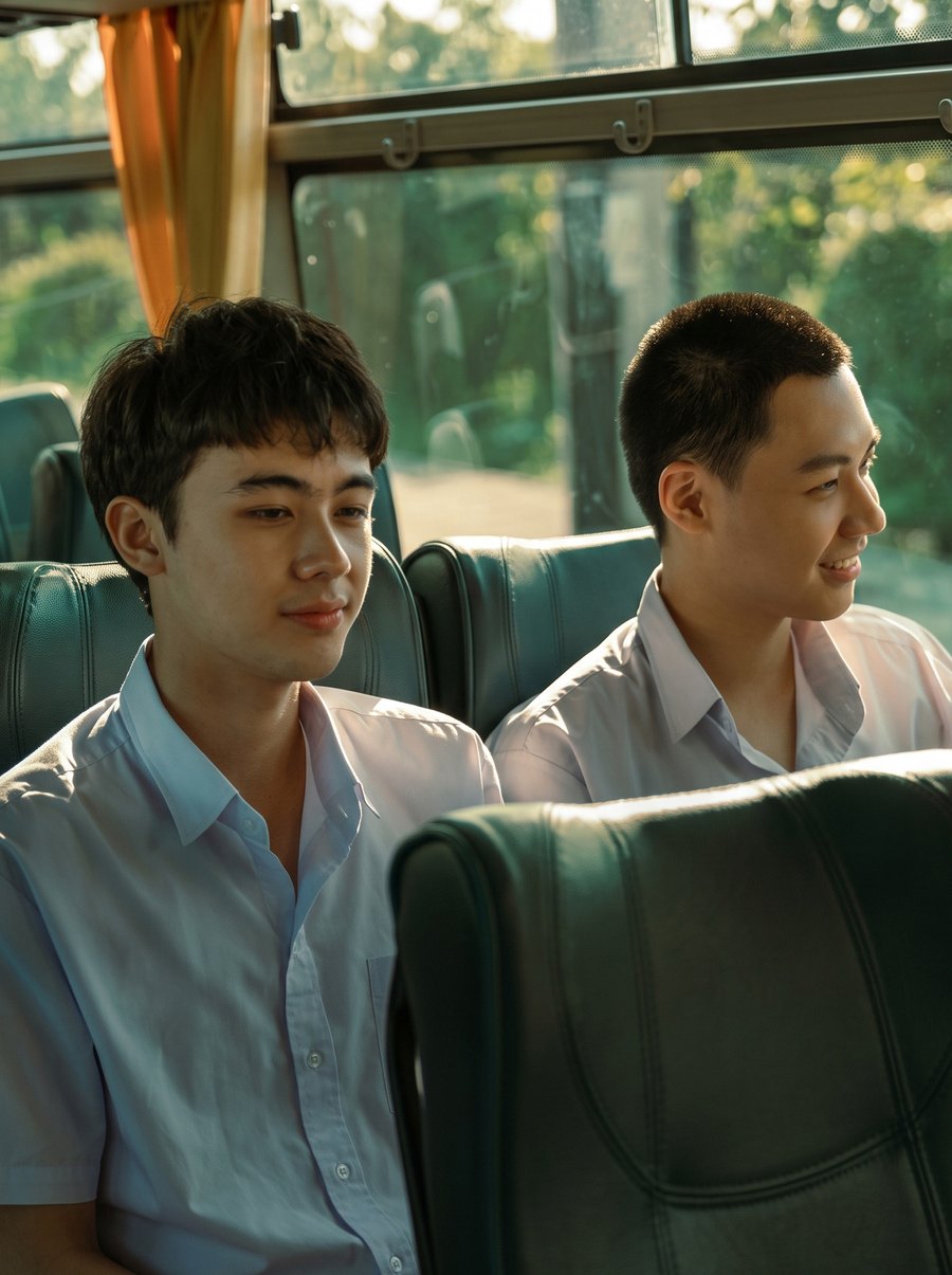 Two classmates in white uniforms smiling on a school bus, a scene from Not Friends