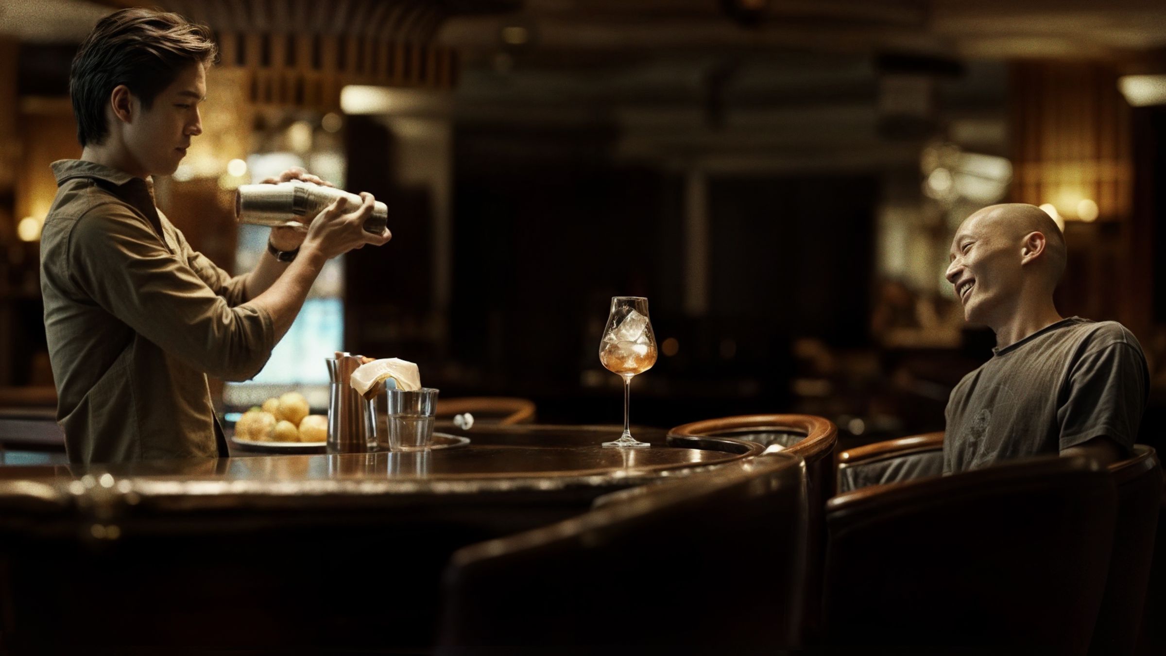 A bartender shaking a cocktail for a laughing guest, a scene from One for the Road
